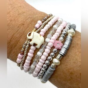 Pink/White/Silver 7 Piece Beaded Bracelet Stack Boho-chic Classic Coastal